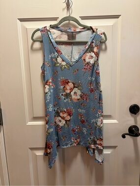 MOA USA Light Blue Floral Top with Red Accents